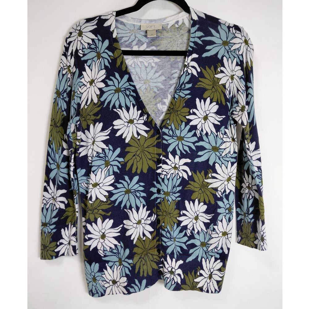 LOFT Outlet Floral Daisy 3/4 Sleeve V-Neck Cardigan Sweater Women Size M